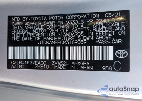 2021 Toyota Prius Prime Le из США, поврежденный, VIN JTDKAMFP0M3189089